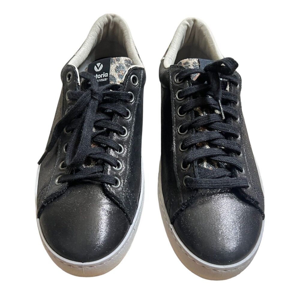 Victoria Leather Black Metallic Leopard Sneakers Sz 39 US 8 Made in Spain